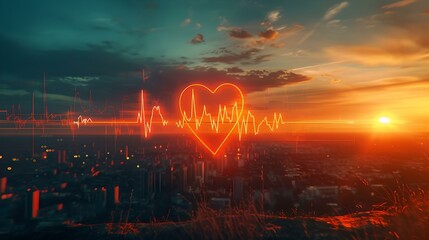 Vibrant sunset sky over cityscape with heartbeat illustration, symbolizing love and life. perfect for healthcare and romance themes. AI