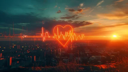 Poster Vibrant sunset sky over cityscape with heartbeat illustration, symbolizing love and life. perfect for healthcare and romance themes. AI © Irina Ukrainets