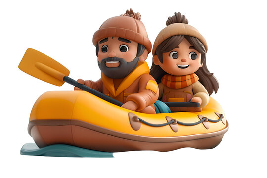 A joyful 3D cartoon render of a happy family paddling in a slalomed inflatable boat.
