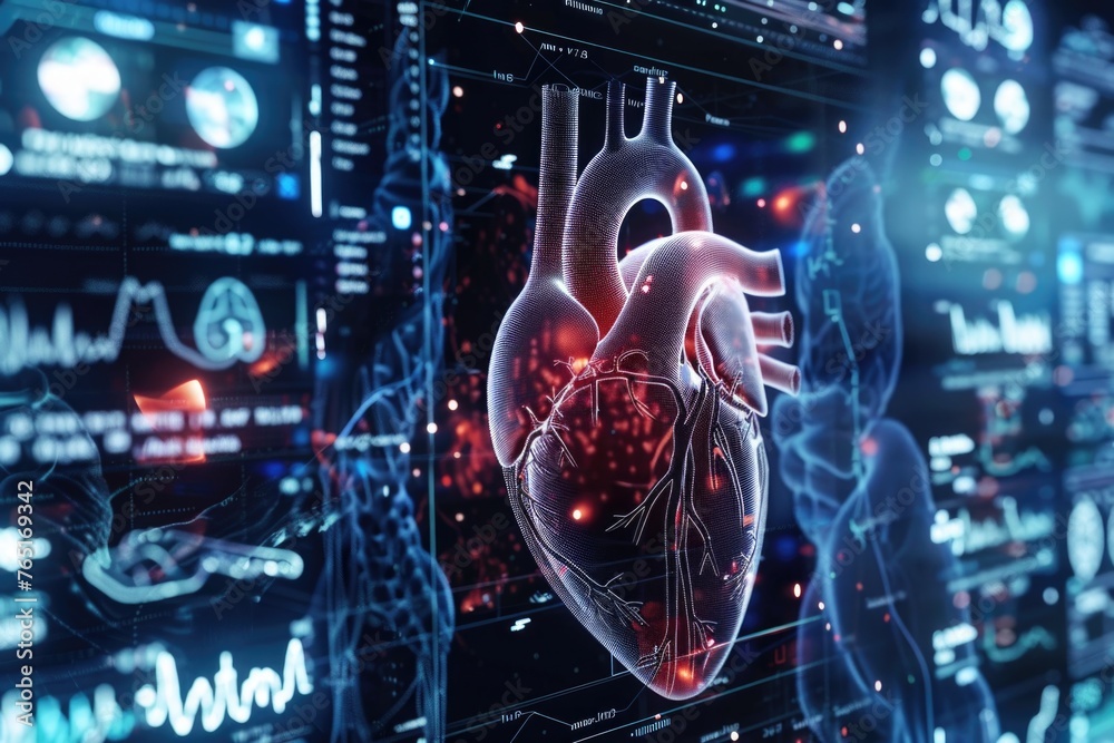 Poster a human heart displayed on a computer screen, suitable for medical concepts
