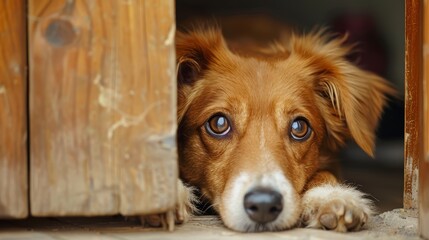 Dog peeking through wooden fence. Pet portrait with focus on eyes. Animal behavior and curiosity concept.