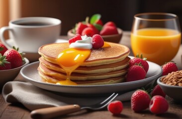 breakfast pancakes with honey and fruit 
