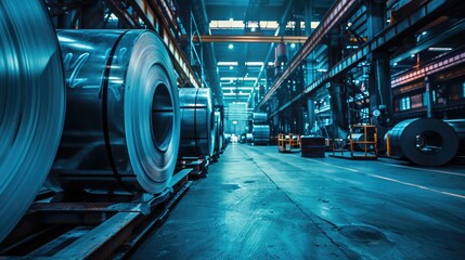 Warehouse filled with steel coils, suitable for industrial concepts