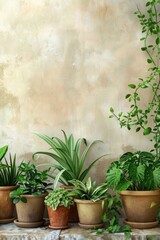 A row of potted plants sitting on a ledge. Suitable for home decor or gardening concepts
