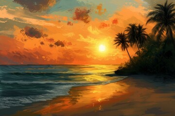 Fototapeta na wymiar Beach palms sunset sea. Nature travel. Generate Ai