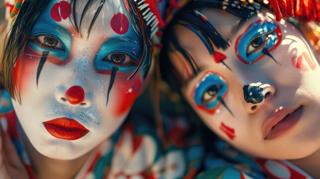 Two women with painted faces and hair posing for a picture. Suitable for beauty or fashion concepts