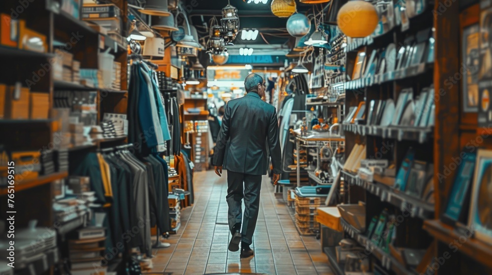 Poster a man in a suit walking through a store. suitable for business and retail concepts