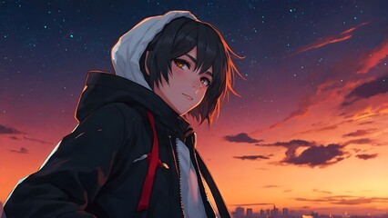An anime boy walking while listening to music with a beautiful sunset.