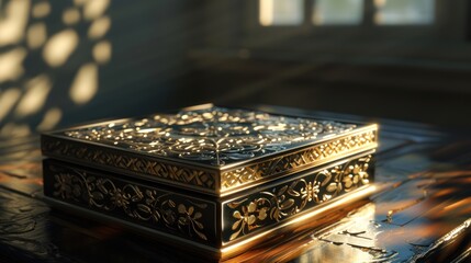 A golden box with intricate carvings on it sits on a table. The sunlight coming through the window...