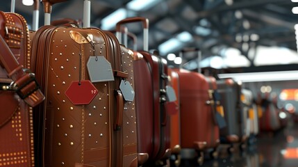 In the heart of a bustling airport, a close-up view of a diverse collection of suitcases, from hard-shell to soft-sided, each with a unique travel tag, captures the essence of modern travel.