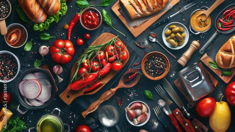 Poster various types of food displayed on a table, perfect for food-related projects