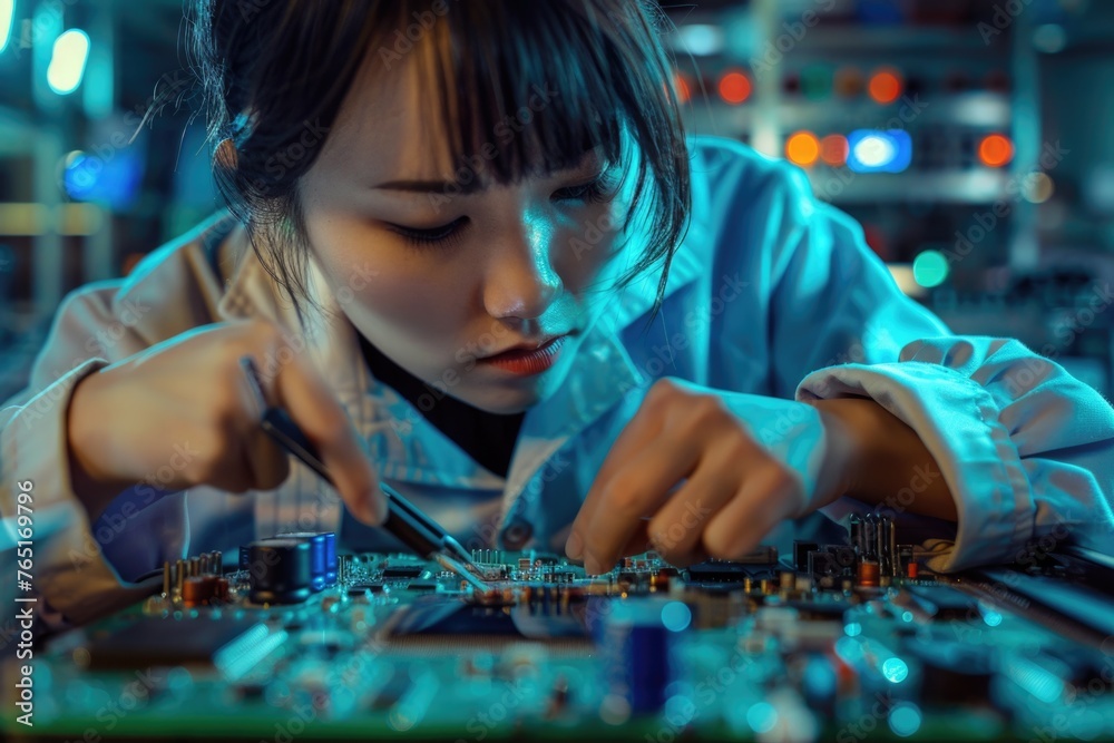 Poster a woman working on a computer motherboard. can be used for technology concepts