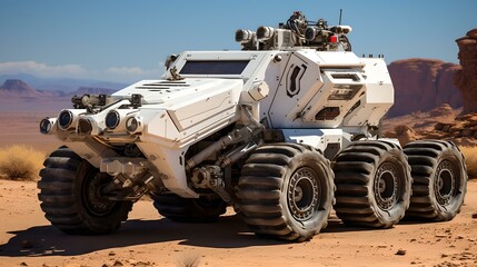 Futuristic all-terrain vehicle concept on mars-like terrain. high-tech exploration rover design. imaginative space mission vehicle. planetary surface transport concept. AI