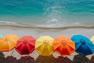 Beach colorful umbrella summer. Sea sand. Generate Ai