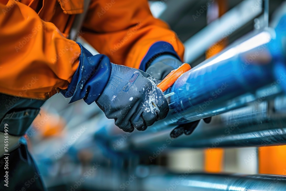 Poster a man in an orange jacket and blue gloves working on a pipe. suitable for industrial and constructio