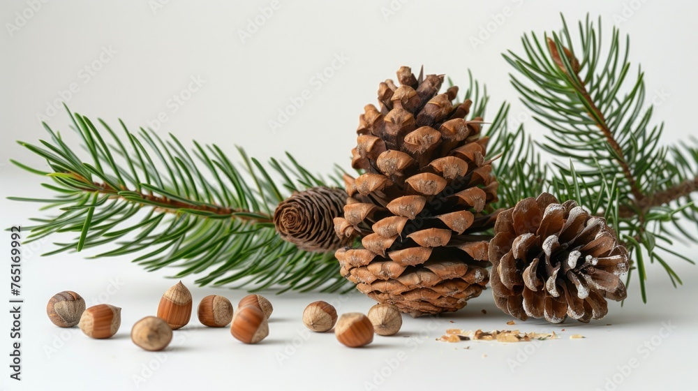 Poster pine cone, nuts, and pine tree branch on a white surface. suitable for nature and holiday concepts