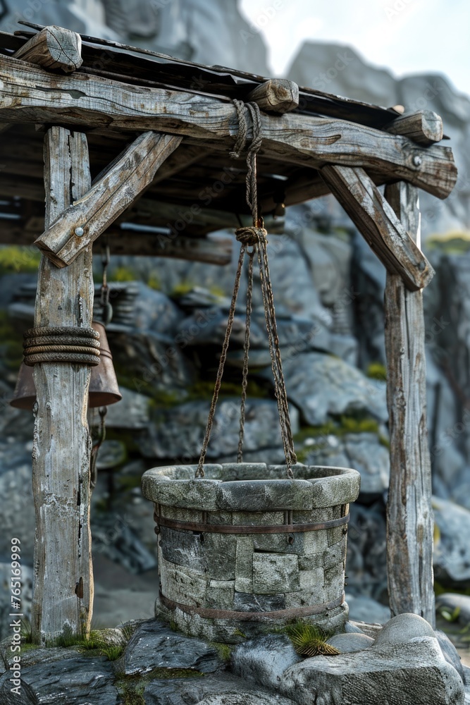 Poster Traditional well with a bucket hanging from it, suitable for various concepts