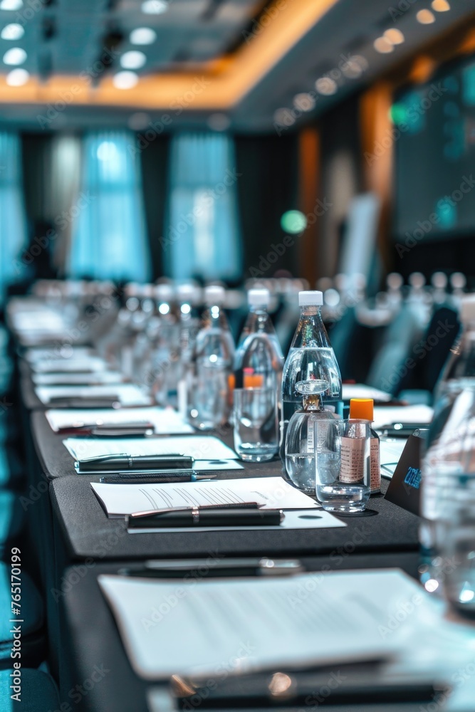 Poster A long table with water bottles and place settings, suitable for dining or event concepts
