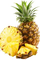 Ripe pineapple cut in half, with a whole pineapple next to it. Perfect for tropical fruit concepts