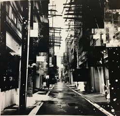 High-contrast black and white photograph of a long vista down a narrow street lined with tall buildings. From the series “Art Film."