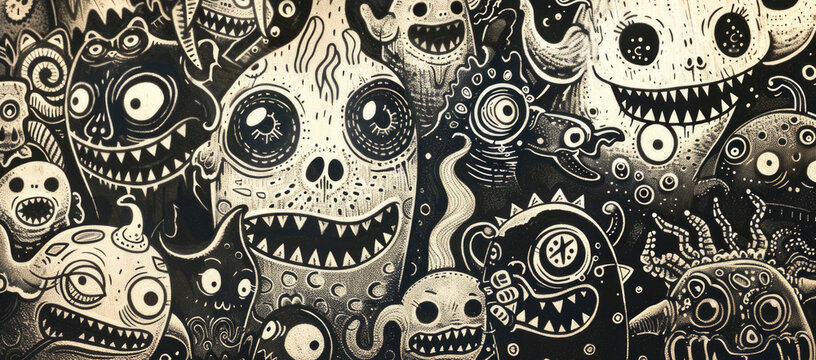 Detailed Black And White Illustration Of Multiple Monsters, Suitable For Halloween Themes