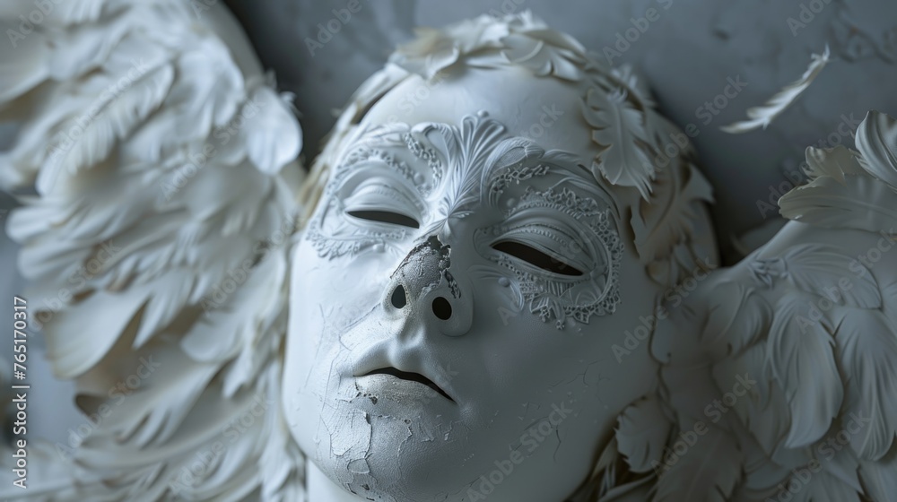 Poster Close up of a white mask with wings, suitable for various concepts and designs