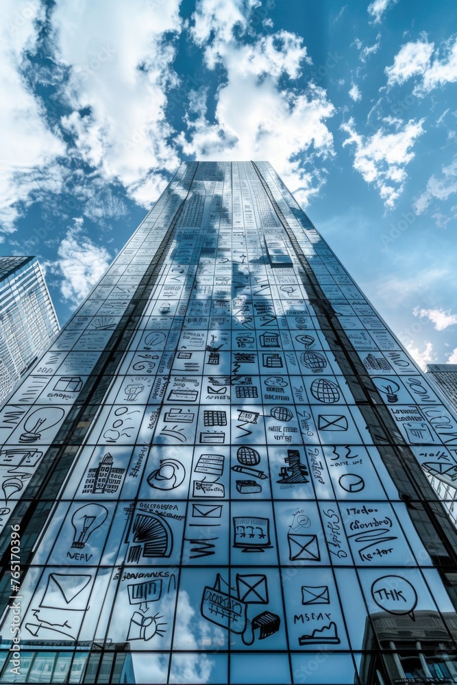 Poster a very tall building with intricate drawings, suitable for architectural and urban design projects