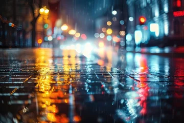 Foto op Canvas A rainy city street at night with traffic lights. Suitable for urban themes © Fotograf