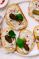 Sardine and cream cheese rillettes with gherkins .top veiw