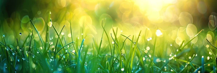Schilderijen op glas A Vibrant Green Grass Background Illuminated by Sunshine. Sunlit Summer Meadow © wanda
