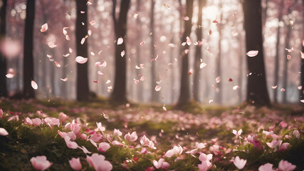 Background with ptreees with pink flowers and petals
