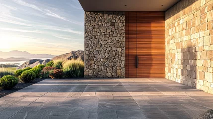Fotobehang Luxurious house entrance with modern design. Upscale residential doorway with landscaped garden © ANStudio