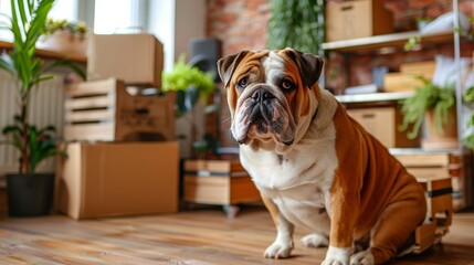 Bulldog sitting in a room with moving boxes. Pet relocation or moving day concept. Warm home interior with a dog for design and print.