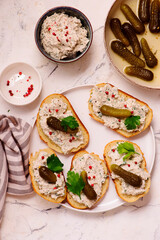 Sardine and cream cheese rillettes with gherkins .top veiw