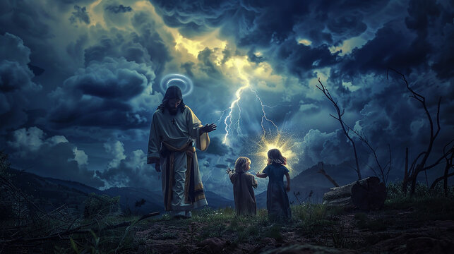 tempestade ao fundo, Jesus iluminado protege a fam&iacute;lia