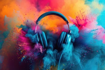Headphones covered in vibrant colored powder, perfect for music and festival themes
