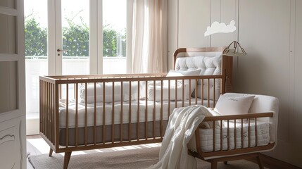 Wooden baby crib in a light room with raindrop mobile and cozy armchair.