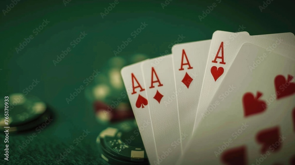 Poster close up view of playing cards on a table, suitable for gambling and entertainment concepts