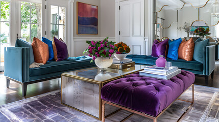 Velvet benches in jewel tones, accented with metallic throw pillows and a mirrored coffee table