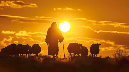 Tuinposter silhueta Jesus Cristo andando com ovelhas © Alexandre