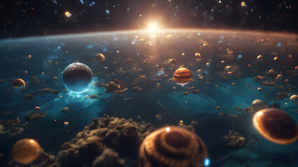 Cosmic planet surface, futuristic celestial bodies, galaxy stars and comets view.