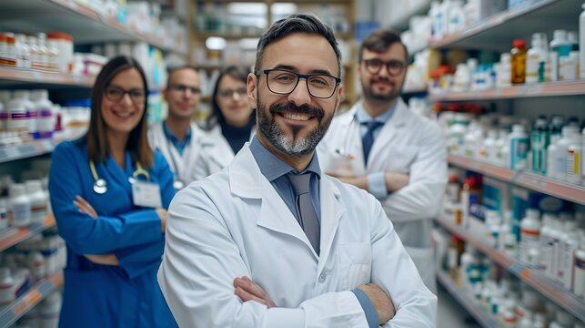 Confident male pharmacist smiling in a modern pharmacy, with colleagues in background. professional medical staff at work. healthcare and medicine concept. AI