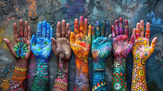 A collaborative art project with hands of varied sizes, shapes, and colors, symbolizing diversity on the autism spectrum for Autism Acceptance Month.