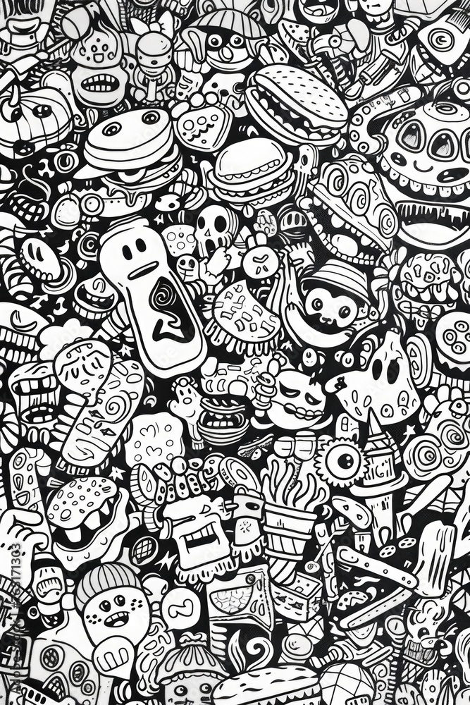 Poster a collection of black and white doodles. suitable for various design projects
