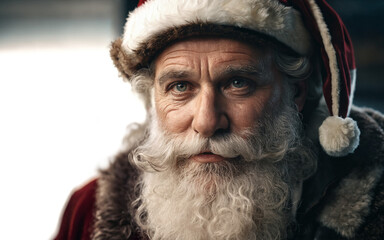 Santa Claus with long white beard and bobble hat and red Santa Claus costume, close-up face, Caucasian, old man, confident in a good mood