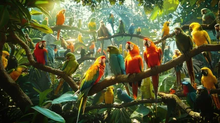 Zelfklevend Fotobehang Colorful parrots perched on a tree branch, suitable for nature themes © Fotograf