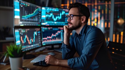 Fototapeta na wymiar Pensive man analyzing financial markets on computer monitors in modern office.