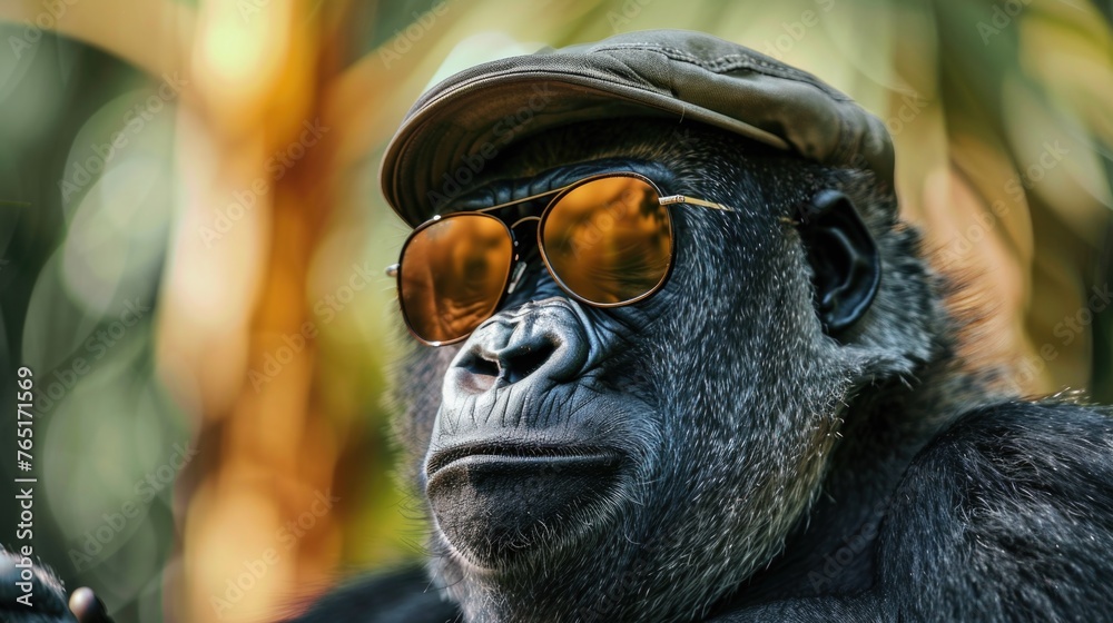 Sticker Close up of a gorilla wearing sunglasses and a hat. Great for summer themed designs