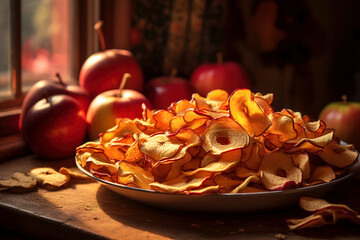 Obraz na płótnie Canvas Bowl of dried organic apple sliced chips. Healthy snacks concept