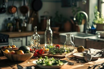 Fototapeta premium A wooden table set with various dishes. Perfect for food bloggers or restaurant promotions